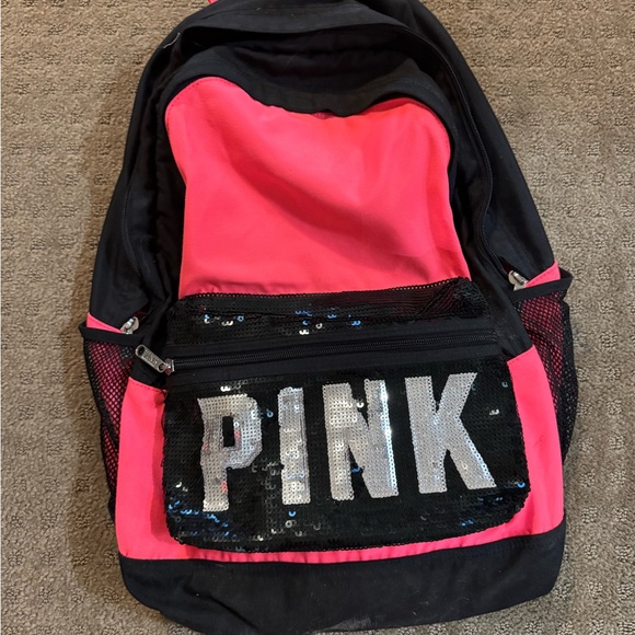 PINK Victoria's Secret Black and Pink Sequin Backpack - Picture 1 of 5
